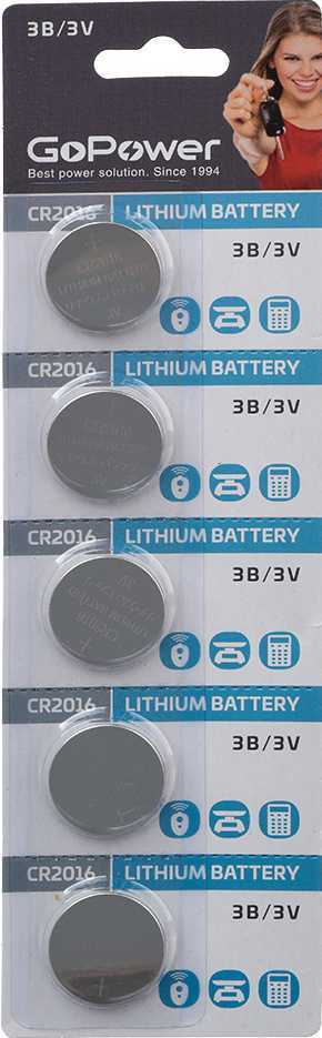 Батарейка GoPower CR2016 BL5 Lithium 3V (5/100/2000) Элементы питания (батарейки) фото, изображение